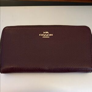 Coach Long Zip Aound Dark Purple Pebbled Leather Wallet with Gold Accents